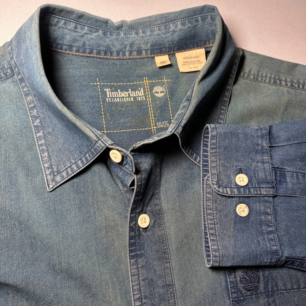 Y2K Timberland Denim Shirt Mens XXL Blue Button Down Long Sleeve‎ Pocket Pressed